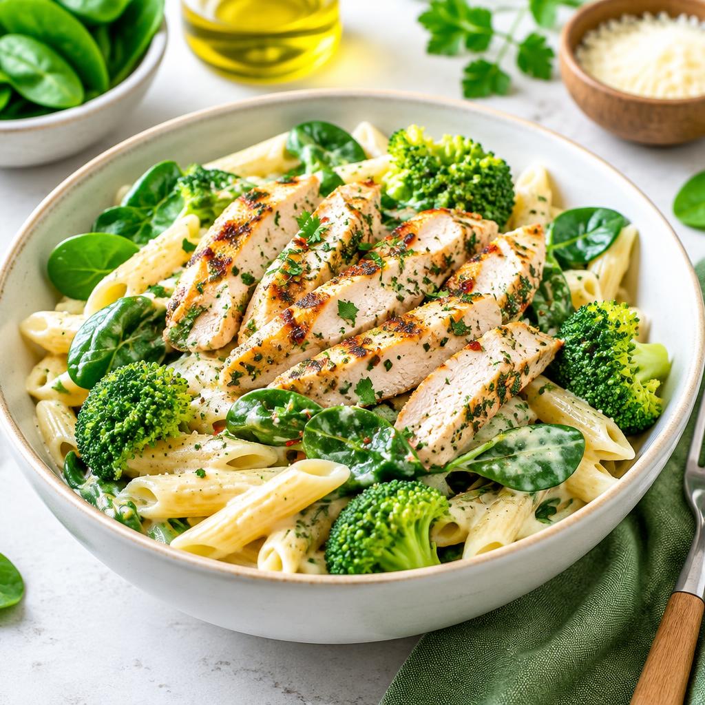 Massa fit com frango grelhado, brócolis e espinafre